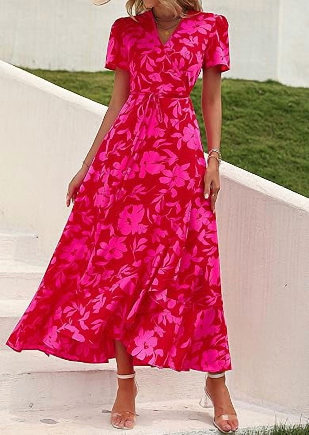 PRETTYGARDEN Women's Summer Wrap Maxi Dress Casual Boho Floral V Neck Short Sleeve Ruffle Hem Split Beach Long Dresses