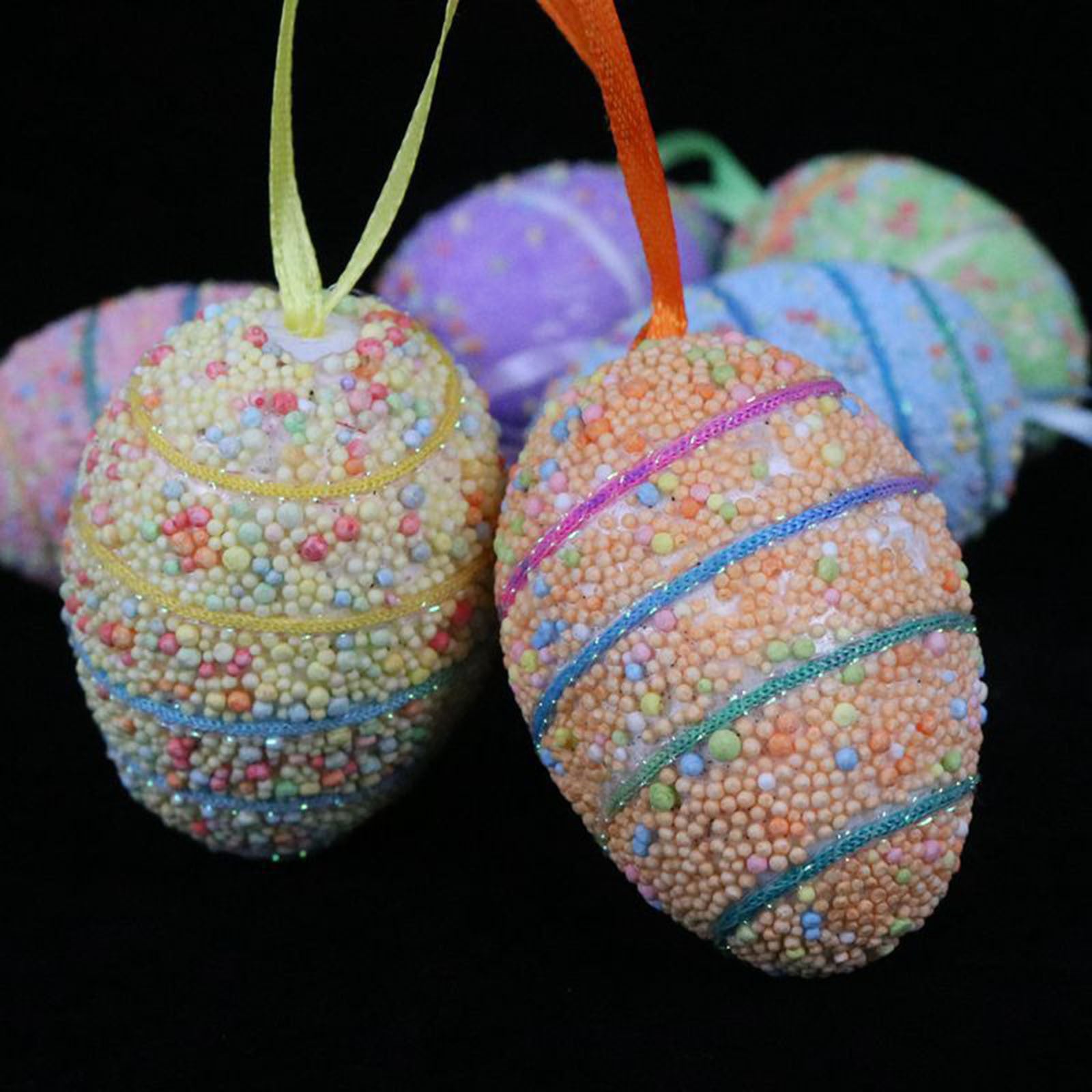 Holloyiver 6Pcs Glitter Easter Egg Ornaments, Colorful Decorative Easter Egg Foam Egg Tree Hanging Ornaments DIY Craft for Easter Home Office Party Decor, 2.4 x 1.6 Inch