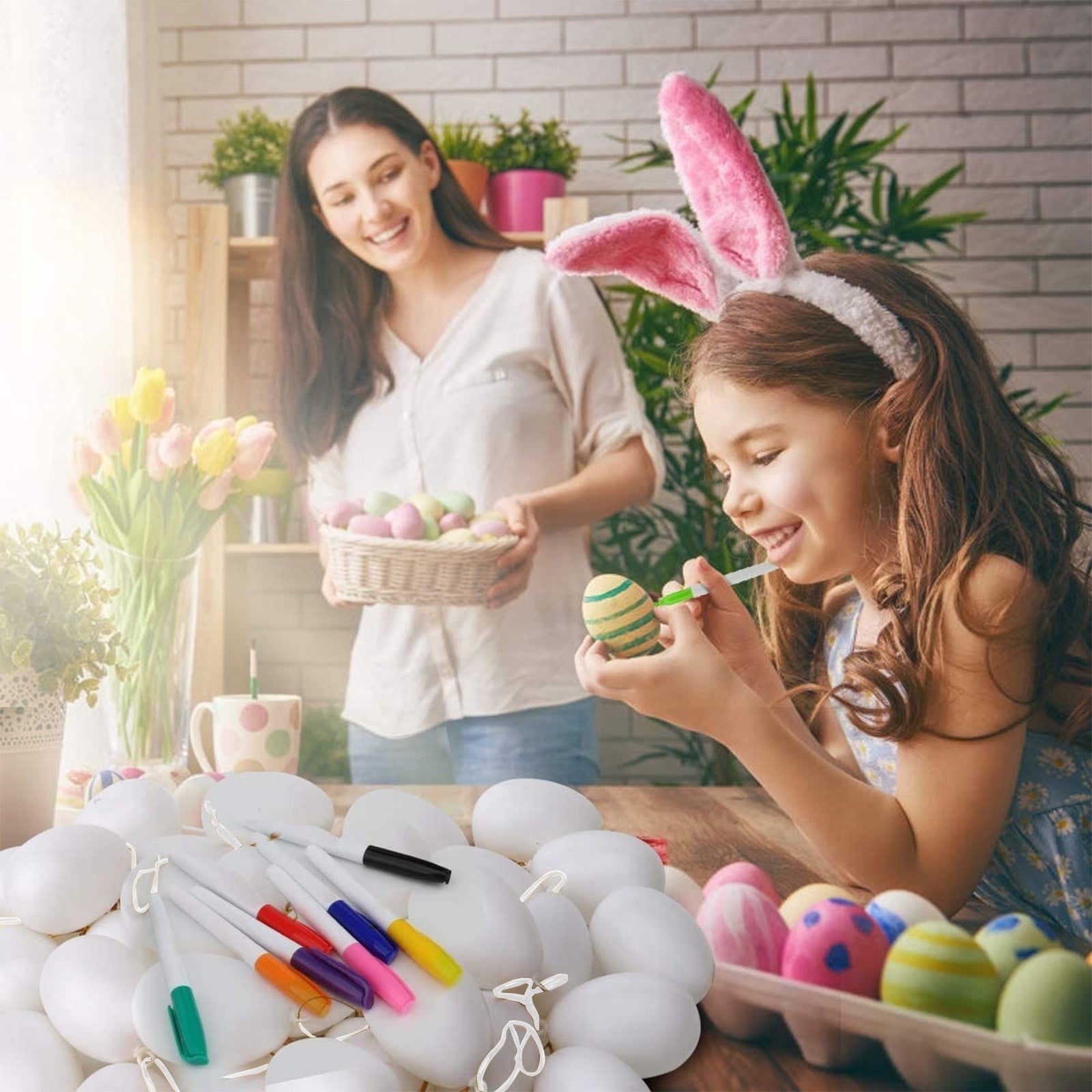 Vggrvlo 24PCS DIY Easter Eggs with 4 Pens Paper Mache Easter Eggs Craft Eggs for Easter DIY Craft for Party Ornaments Egg Hunt 3.2"